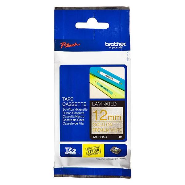 Brother PT-D610BT 12mm Gold Text On Premium White Laminated Tape - 4 Metres [Genuine]