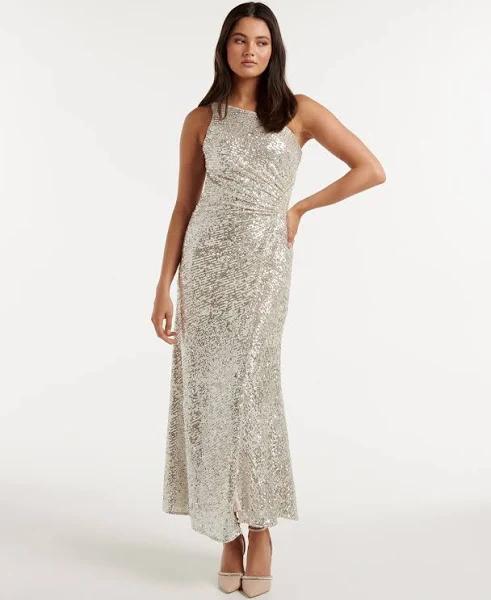 Carolyn Sequin Asymmetrical Gown in Silver, Size 10 | Polyester