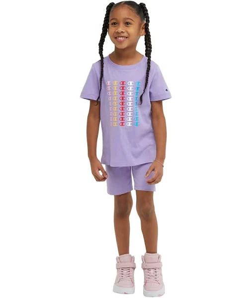 Champion Active Short Salty Purple Repeat Logo Tee & Bike Shorts 6x