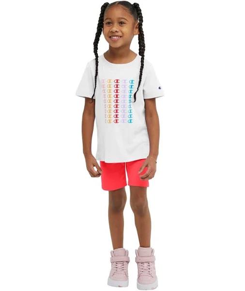 Champion Active Short White Repeat Logo Tee & Stone Red Bike Shorts 6x