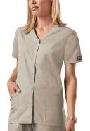 Cherokee 4770 Snap Front V-Neck Top - Khaki, S