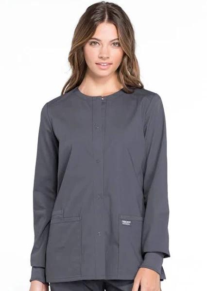 Cherokee Workwear Professionals WW340 Scrubs Jacket Womens Snap Front Warm-Up Pewter