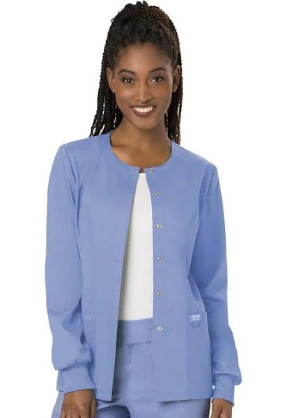 Cherokee Workwear Revolution WW310 Scrubs Jacket Womens Snap Front Warm-Up Ceil Blue