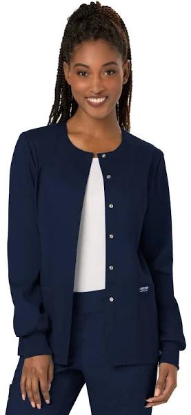 Cherokee Workwear Revolution WW310 Scrubs Jacket Womens Snap Front Warm-Up Navy