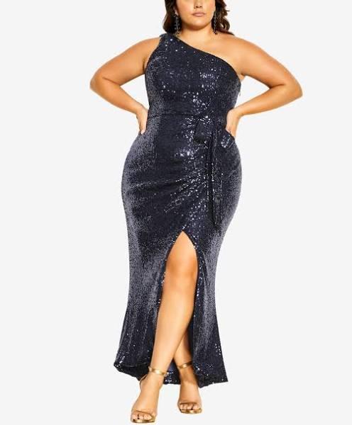 City Chic Athena Sequin One-Shoulder Dress Navy