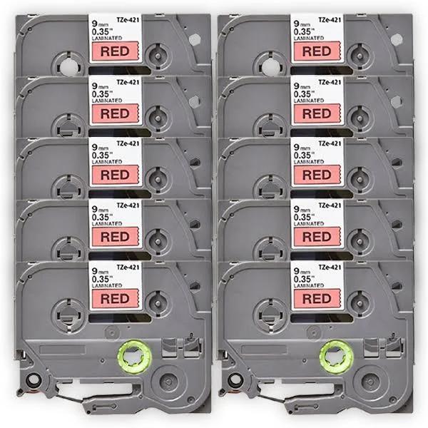 Compatible 10 x PT-E300VP Brother PTE300VP P-Touch Tape 9mm Black Text On Red Tape