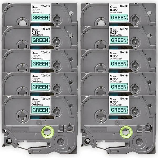 Compatible 10 x PT-P710BT Brother PTP710BT P-Touch Tape 9mm Black Text On Green Tape
