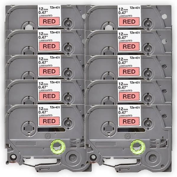 Compatible 10 x PT1280DT Brother PT-1280DT P-Touch Tape 12mm Black Text On Red Tape