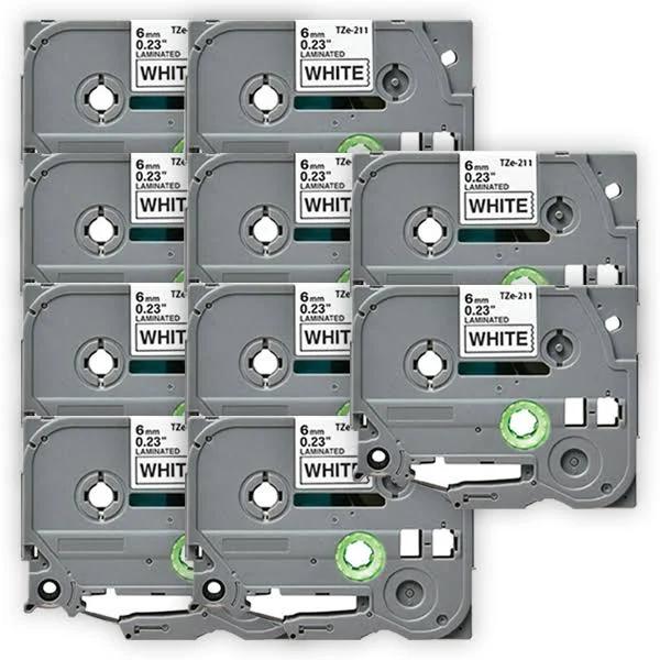 Compatible 10 x PT1950 Brother PT-1950 6mm Black Text On White Tape P-Touch Tape