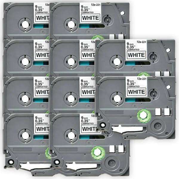 Compatible 10 x PTD200 Brother PT-D200 P-Touch Tape 9mm Black Text On White Tape