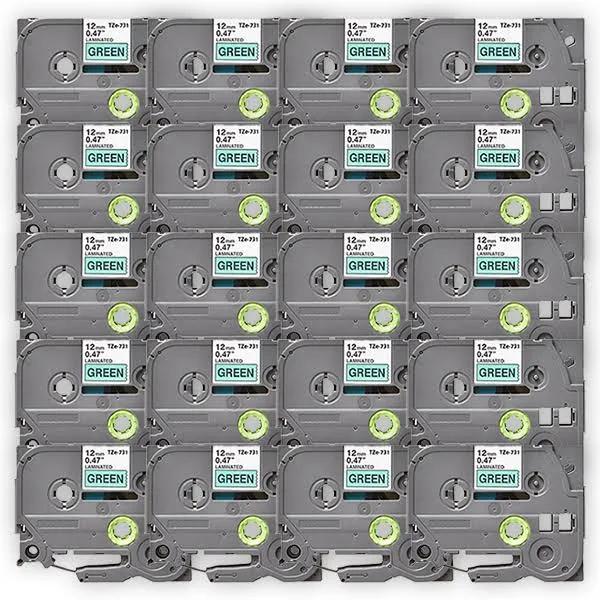 Compatible 20 x PT-D210 Brother PTD210 P-Touch Tape 12mm Black Text On Green Tape