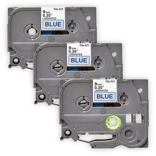 Compatible 3 x PT-1280DT Brother PT1280DT P-Touch Tape 9mm Black Text On Blue Tape