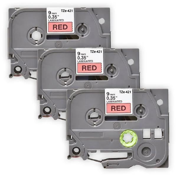 Compatible 3 x PT-1950 Brother PT1950 P-Touch Tape 9mm Black Text On Red Tape