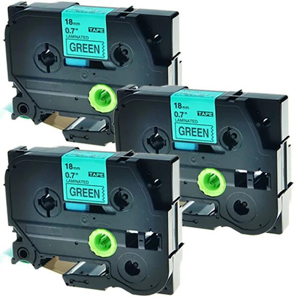 Compatible 3 x PTD800W Tape Brother PT-D800W 18mm Black Text On Green Laminated Tape
