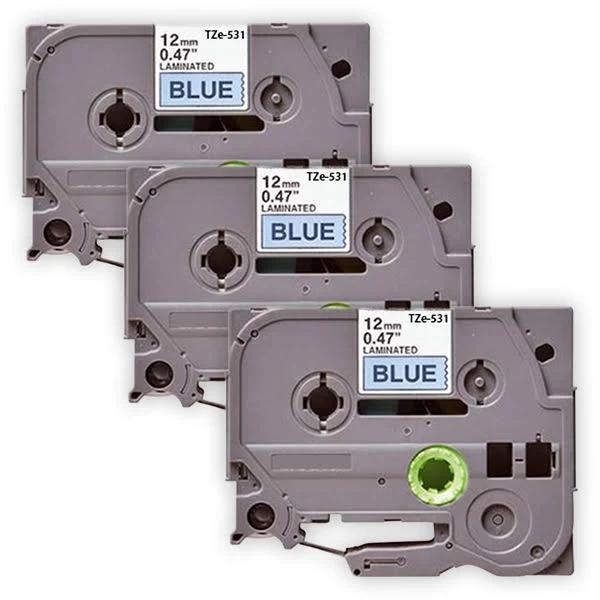 Compatible 3 x PTP300BT Brother PT-P300BT P-Touch Tape 12mm Black Text On Blue Tape