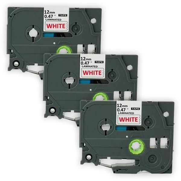 Compatible 3 x PTP910BT Brother PT-P910BT 12mm Red Text On White P-Touch Tape