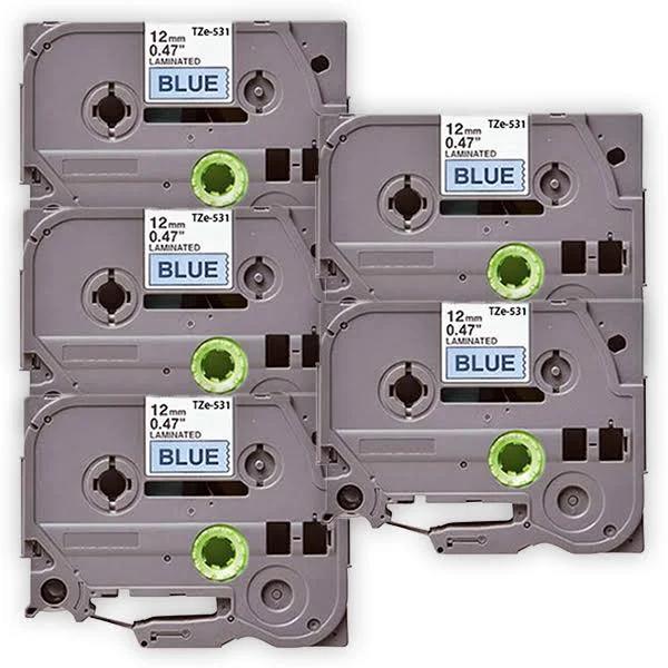 Compatible 5 x PT-1280DT Brother PT1280DT P-Touch Tape 12mm Black Text On Blue Tape