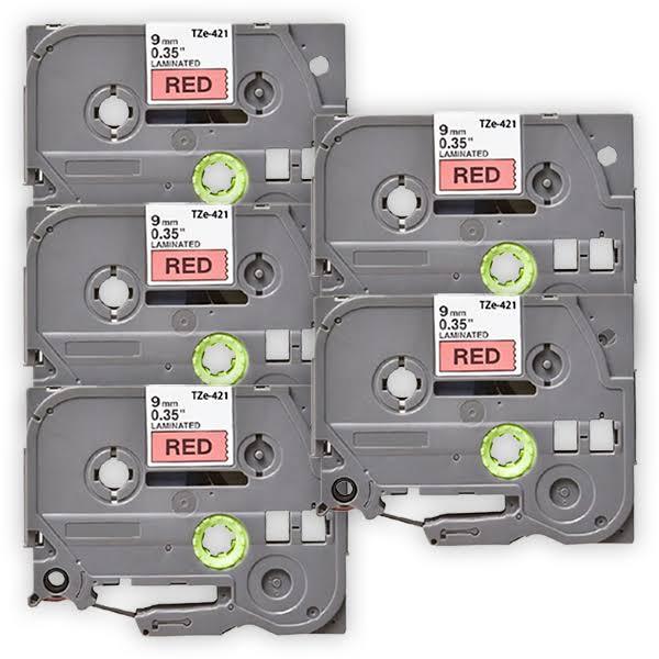 Compatible 5 x PT-9600 Brother PT9600 P-Touch Tape 9mm Black Text On Red Tape