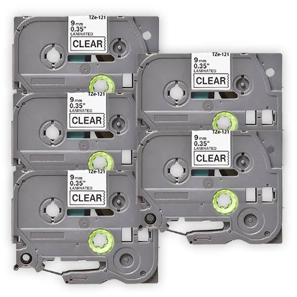 Compatible 5 x PTD800W Brother PT-D800W P-Touch Tape 9mm Black Text On Clear Tape