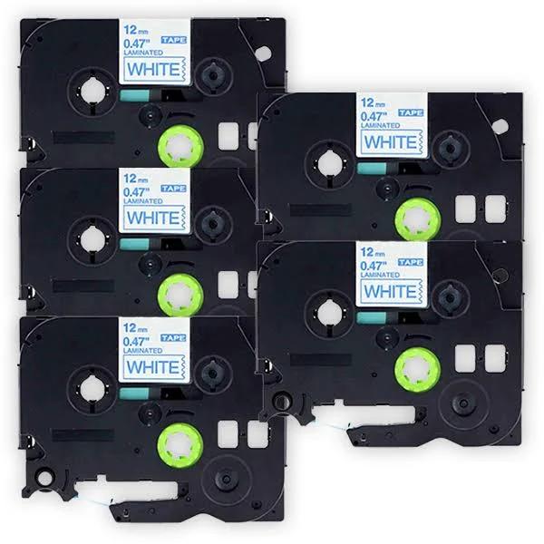 Compatible 5 x PTE110VP Brother PT-E110VP P-Touch Tape 12mm Blue Text On White Tape