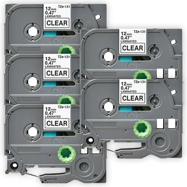 Compatible 5 x PTE550WVP Brother PT-E550WVP 12mm Black Text On Clear P-Touch Tape