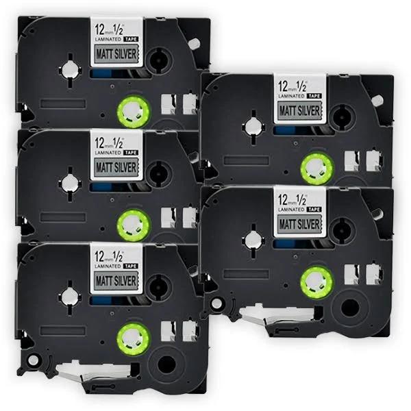 Compatible 5 x PTP710BT Brother PT-P710BT P-Touch Tape 12mm Black Text On Silver Tape