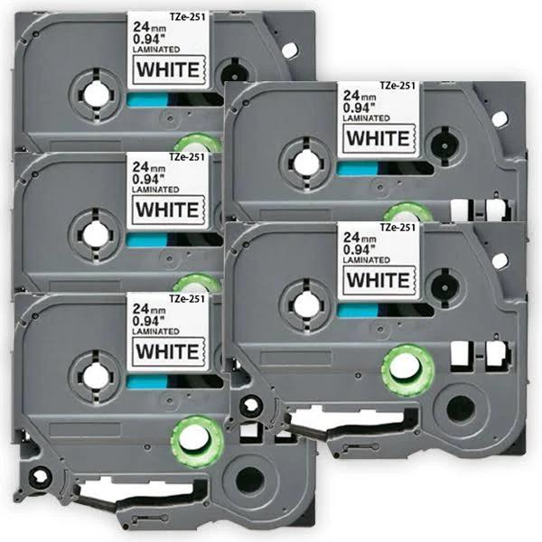 Compatible 5 x PTP910BT Brother PT-P910BT 24mm Black Text On White P-Touch Tape