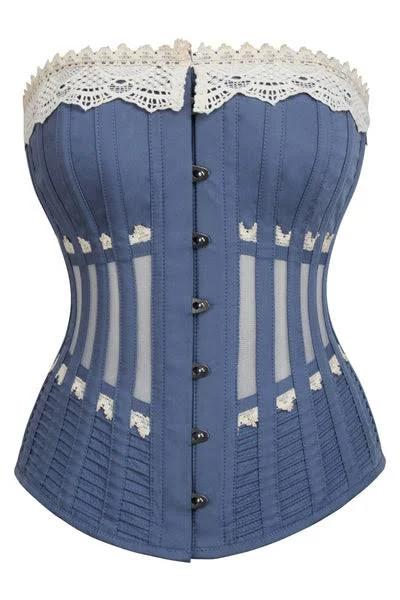 Corset Story Historically Inspired Blue Longline Corset With Lace and Ribbing Blue