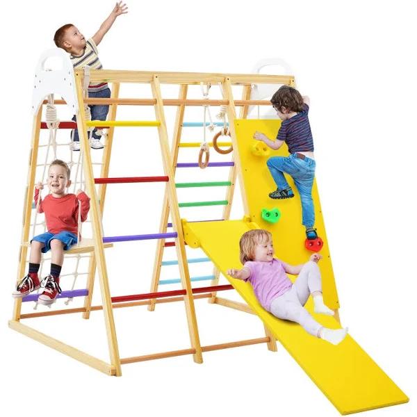 Costway 8-in-1 Kids Playground Set Wood Swing Slide Climb Play Sets Indoor Outdoor Kidergarden Amusement Park
