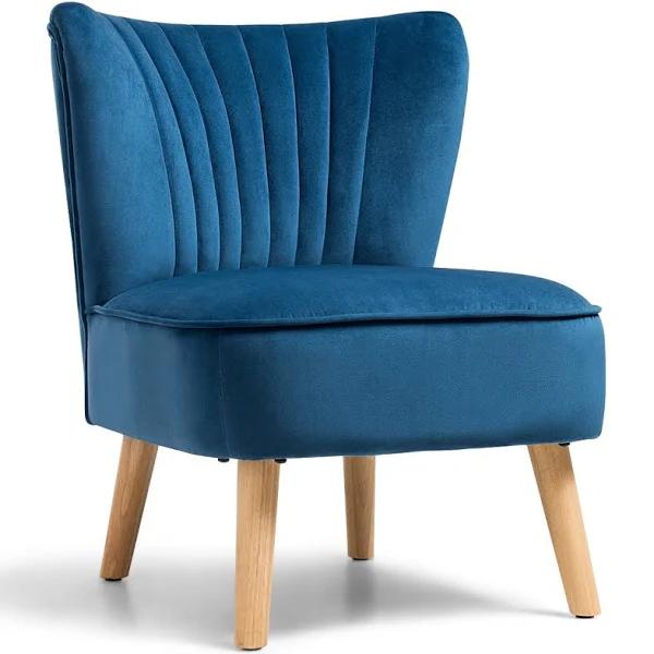 Costway Velvet Accent Chair With Solid Rubber Wood Legs For Dining Room Blue