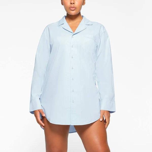 Cotton Poplin Sleep Button Up Dress | Glacier