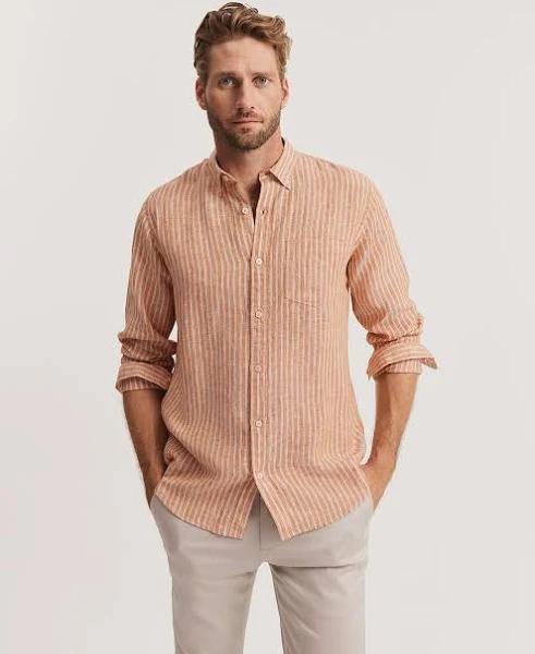 Country Road Men's Regular Fit Organically Grown Stripe Shirt Ginger in Size Small | 100% Organic Linen