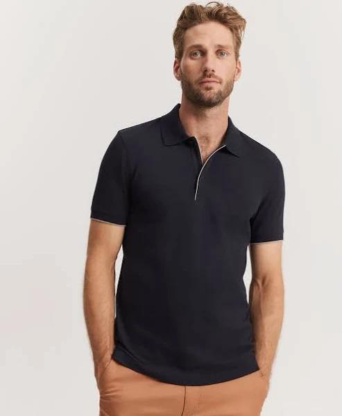 Country Road Men's Slim Stretch Tipped Polo Top Navy in Size Large