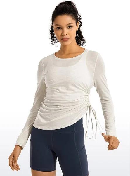 CRZ YOGA Women's Pima Cotton Workout Long Sleeve Shirts Adjustable  Drawstring Side Ruched Athletic Tops