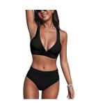 Cupshe Banded V Neck Bralette & Classic High Waist Bikini Set - Dark Navy,S