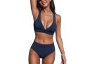 Cupshe Banded V Neck Bralette & Classic High Waist Bikini Set - Dark Navy,S