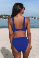 Cupshe Banded V Neck Bralette & Classic High Waist Blue Bikini Set - Blue,L