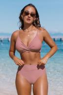 Cupshe Pink Twist Front Bralette & Spliced High Waist Bikini Set - Pink,S
