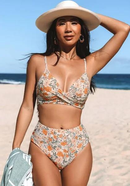 Cupshe Pink Twist Front Bralette & Spliced High Waist Bikini Set - Pink,S