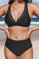 Cupshe Release Happiness Mesh Bralette & Retro High Waist Bikini Set - Black,XL