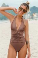 Cupshe Ruched Plunge Halter One Piece Swimsuit - Light Brown,S