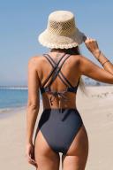 Cupshe Tempest Cross Back Bralette & Cheeky High Waist Bikini Set - Navy,M