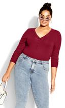 David Jones City Chic Button Long Sleeve Top in Ruby, Size 14+