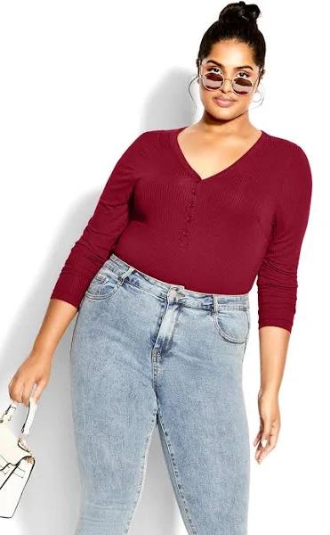 David Jones City Chic Button Long Sleeve Top in Ruby, Size 14+