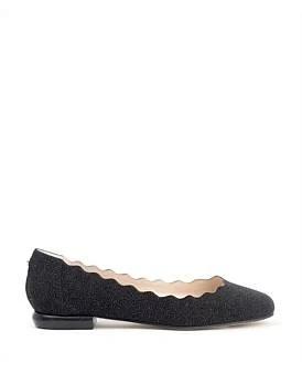 David Jones Edward Meller Fara Scalloped Ballet Flat in Black Speckle, Size 39 EU