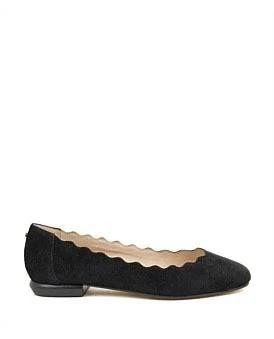 David Jones Edward Meller Fara Scalloped Ballet Flat in Black Suede, Size 40.5 EU
