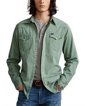 David Jones Polo Ralph Lauren Classic Fit Denim Western Shirt in Fatigue, Size XS