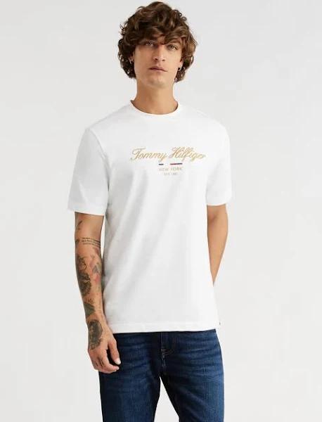 David Jones Tommy Hilfiger Im Icon Script Gold Embro Tee in White, Size Small