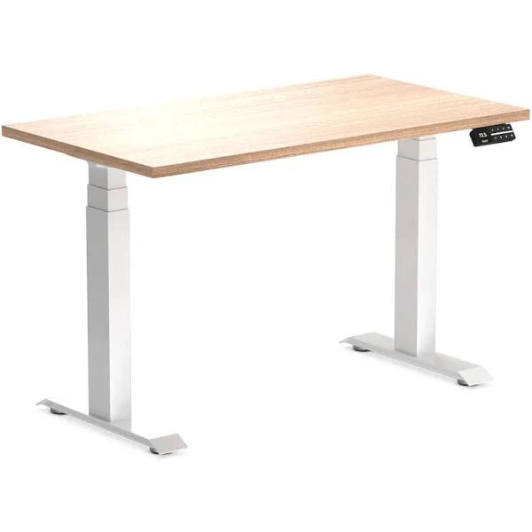 Desky Dual Mini Sit Stand Desk | Small Standing Desk Sublime Teak / 1100 x 600 / White