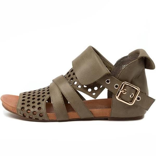 Django & Juliette Dwan Khaki Leather Khaki Womens Leather Sandals Flat Sandals